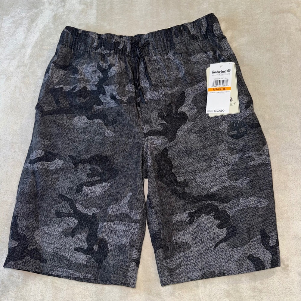 Timberland Boys Camo Shorts Grey Castlerock Stretch Size 8 TLSEC08F-017 NWT